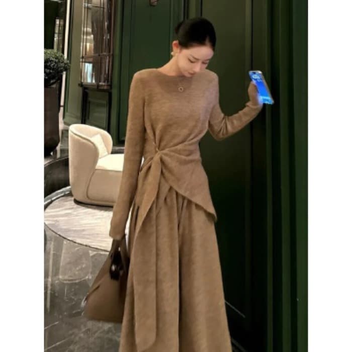 품격 전체 집합 ootd 착용 가져 가라. 느슨함 센스 레트로 회색 니트 스웨터 와이드 레그 팬츠 투피스 슈트 2026 가을 겨울 이미지 4