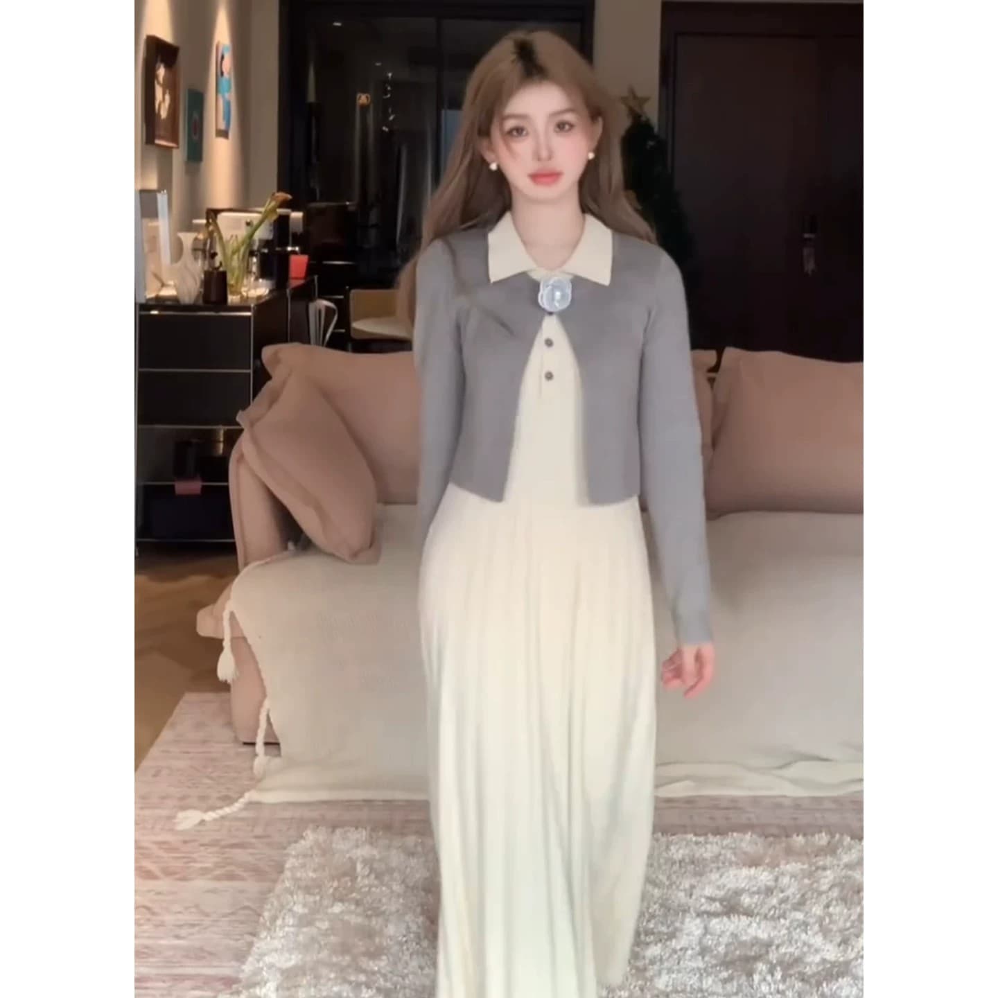 2026 새로운 높음 지혜 센스 miu 부서 인사이드 가져 가라. 니트 드레스 아이들 조기 가을 관대 한 점잖은 롱 스커트 세트 이미지 3