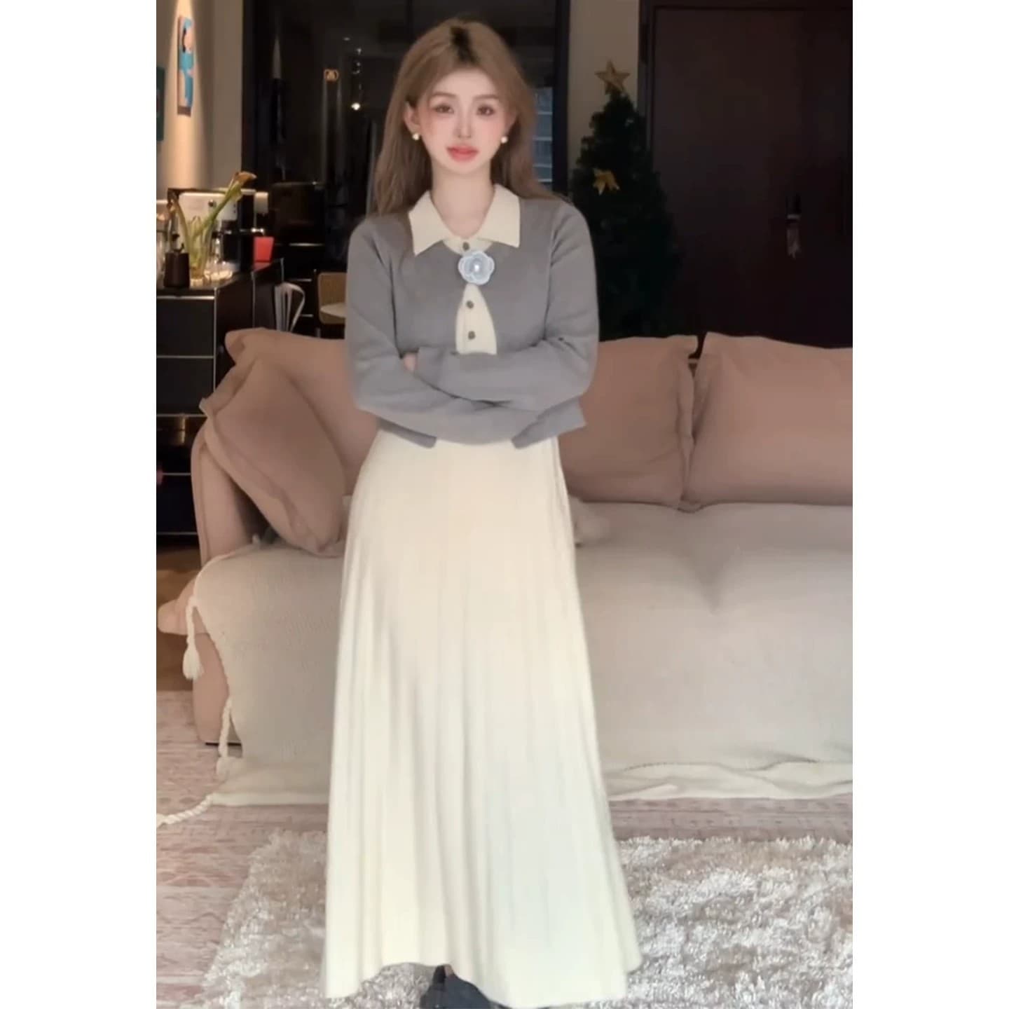 2026 새로운 높음 지혜 센스 miu 부서 인사이드 가져 가라. 니트 드레스 아이들 조기 가을 관대 한 점잖은 롱 스커트 세트 이미지 4