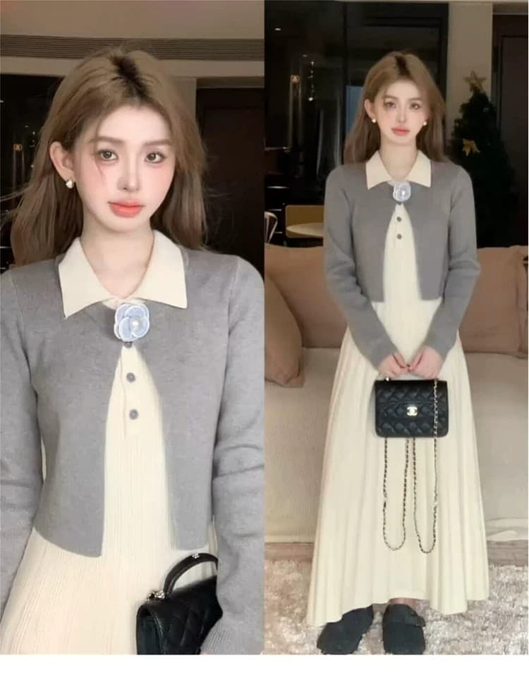 2026 새로운 높음 지혜 센스 miu 부서 인사이드 가져 가라. 니트 드레스 아이들 조기 가을 관대 한 점잖은 롱 스커트 세트 상세 이미지 1
