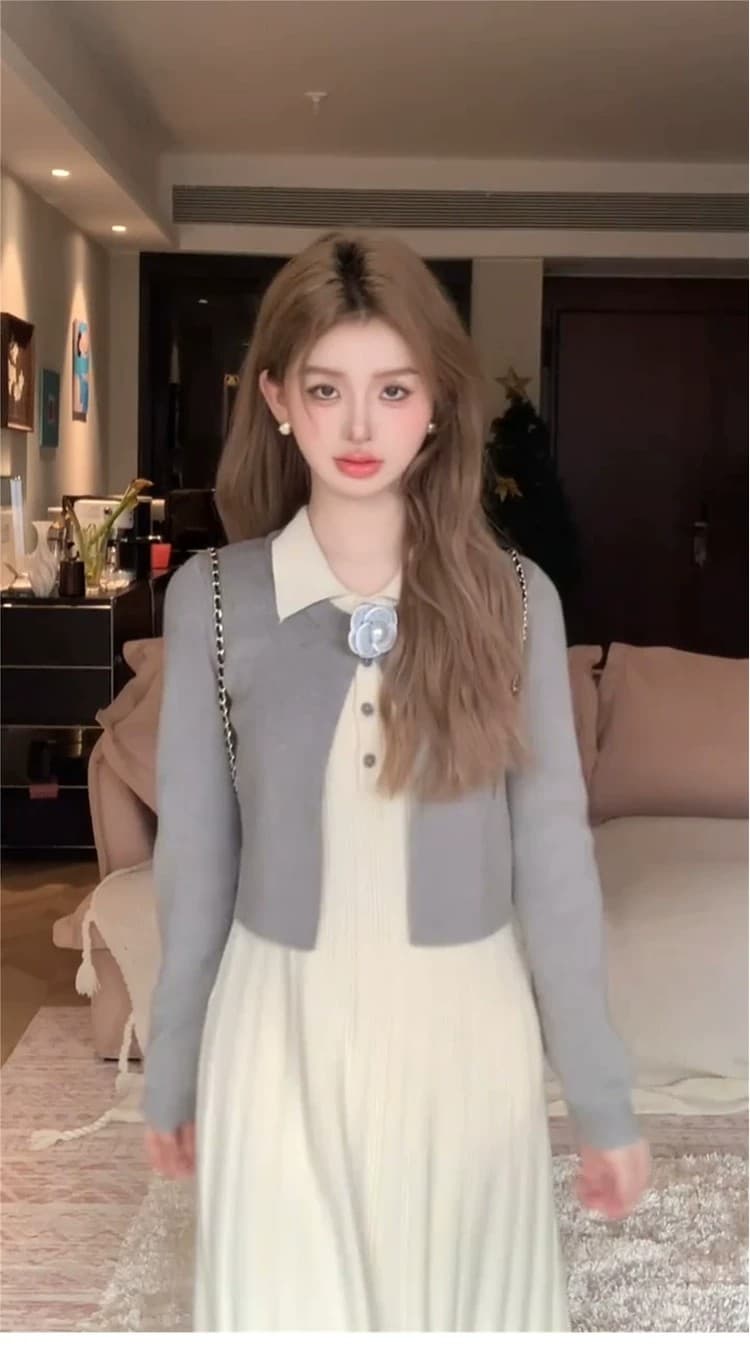 2026 새로운 높음 지혜 센스 miu 부서 인사이드 가져 가라. 니트 드레스 아이들 조기 가을 관대 한 점잖은 롱 스커트 세트 상세 이미지 6