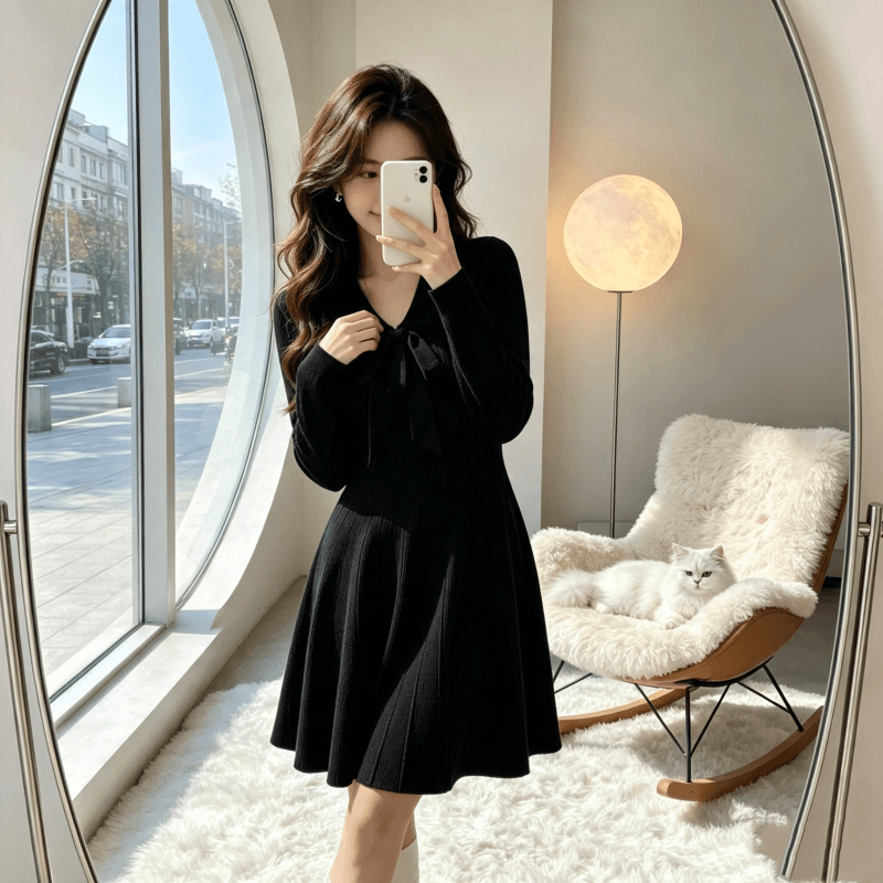 그는 벤 바람 작은 검은 드레스 2026 년 한 부서 가을 겨울철 슬림해 보이는 미니멀리즘 레이스업 검정색 품격 니트 여성 드레스 이미지 2