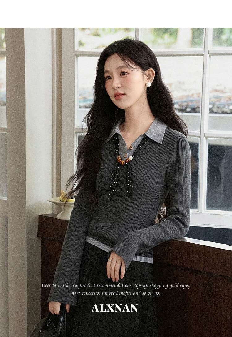 남부 산기슭 안개 연기가 나는 회색 페이크 레이어드 니트 스웨터 여성 가을 몸매 가꾸기 슬림해 보이는 긴팔 만나는 맨위 상세 이미지 20