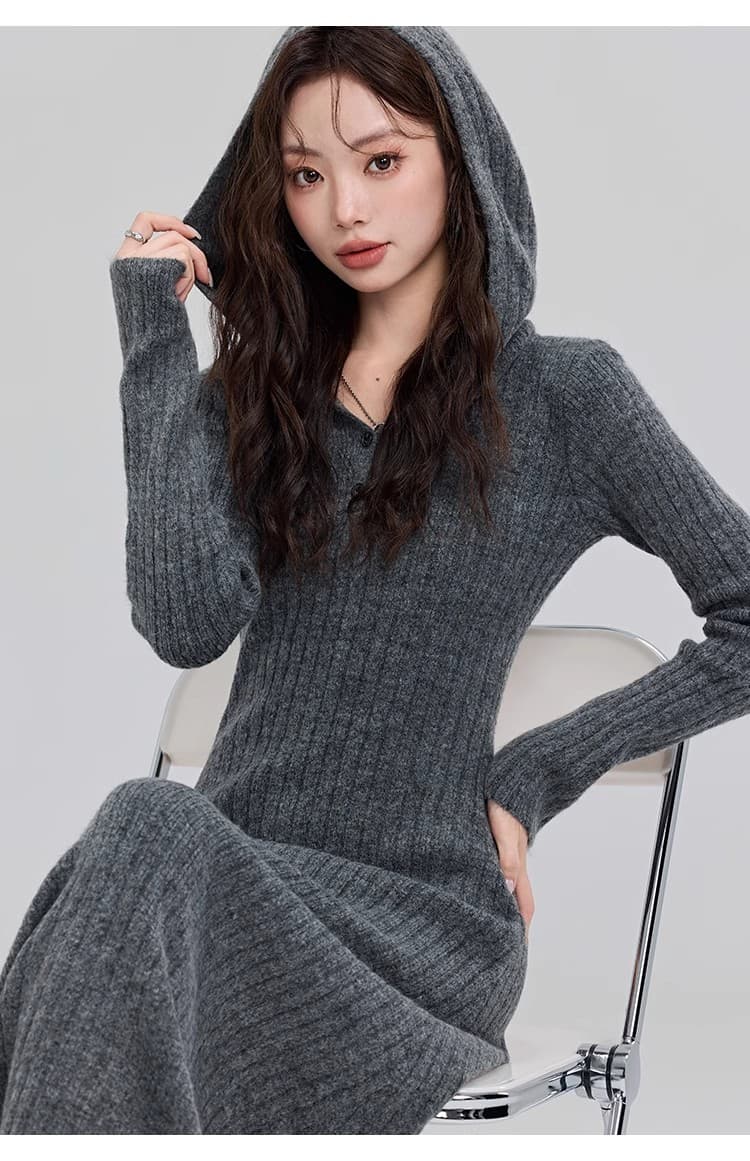 프랑스식 부드러운 바람 후드 긴팔 니트 여성 드레스 2026 가을 겨울철 몸매 가꾸기 슬림해 보이는 품격 스웨터 롱 스커트 상세 이미지 14