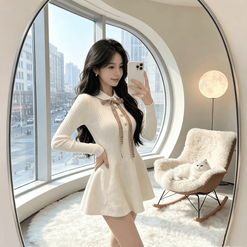 2026 가을 새로운 학원 POLO 칼라 나비 매듭 몸매 가꾸기 니트 꽃밭 맨위 작은 키 드레스 미니 스커트 상세 이미지 5