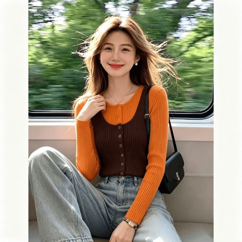 한 부서 배색 페이크 레이어드 긴팔 니트 스웨터 여성 가을 2026 새로운 디자인 센스 몸매 가꾸기 외출용 고유 한 맨위 이미지 4
