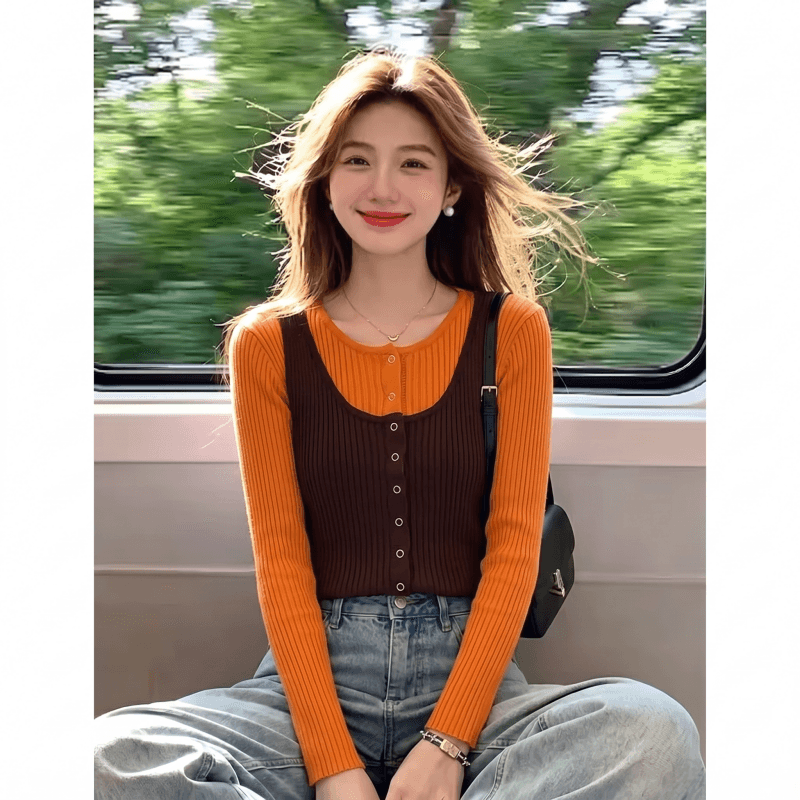 한 부서 배색 페이크 레이어드 긴팔 니트 스웨터 여성 가을 2026 새로운 디자인 센스 몸매 가꾸기 외출용 고유 한 맨위 상세 이미지 1