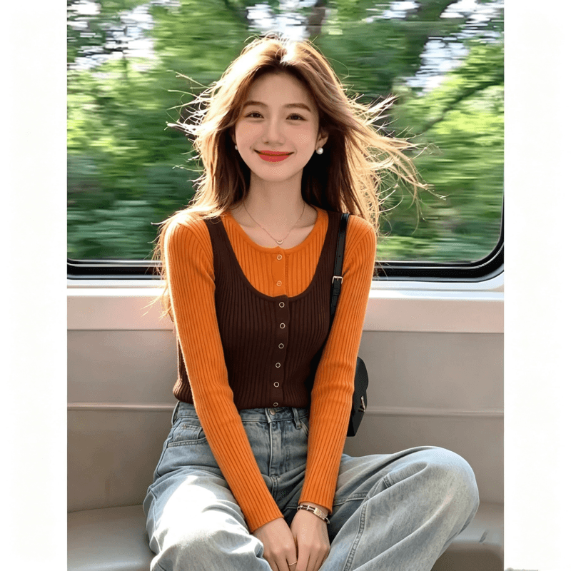 한 부서 배색 페이크 레이어드 긴팔 니트 스웨터 여성 가을 2026 새로운 디자인 센스 몸매 가꾸기 외출용 고유 한 맨위 상세 이미지 3