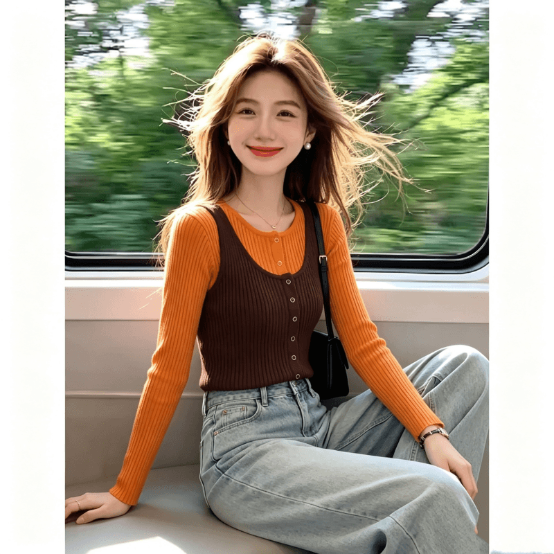한 부서 배색 페이크 레이어드 긴팔 니트 스웨터 여성 가을 2026 새로운 디자인 센스 몸매 가꾸기 외출용 고유 한 맨위 상세 이미지 4