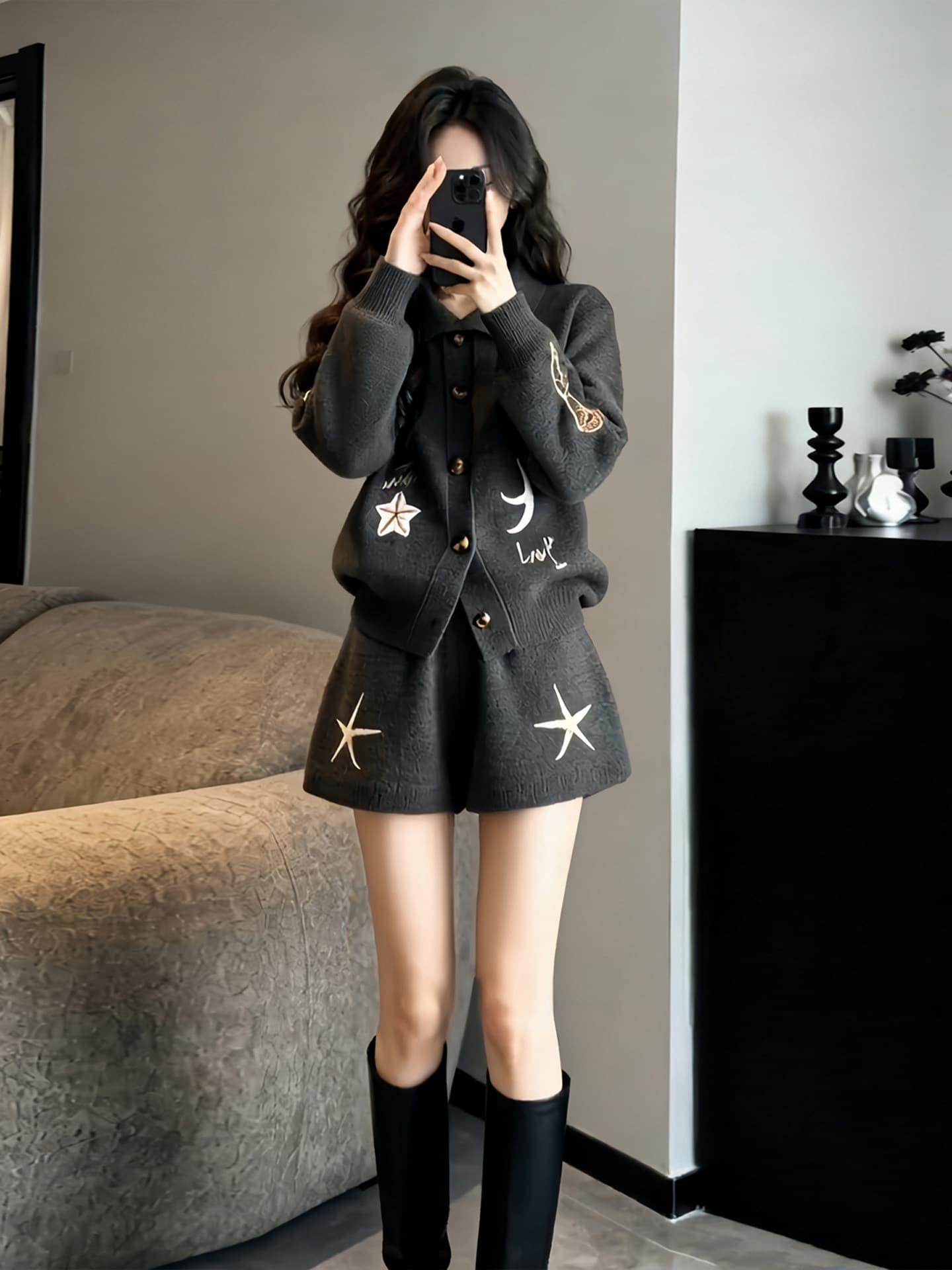 작은 키 착용 가져 가라. 한 바람 chic 회색 니트 스웨터 반바지 세트 여성 가을 겨울철 자이언트 잘 생긴 ~ 중 전체 집합
