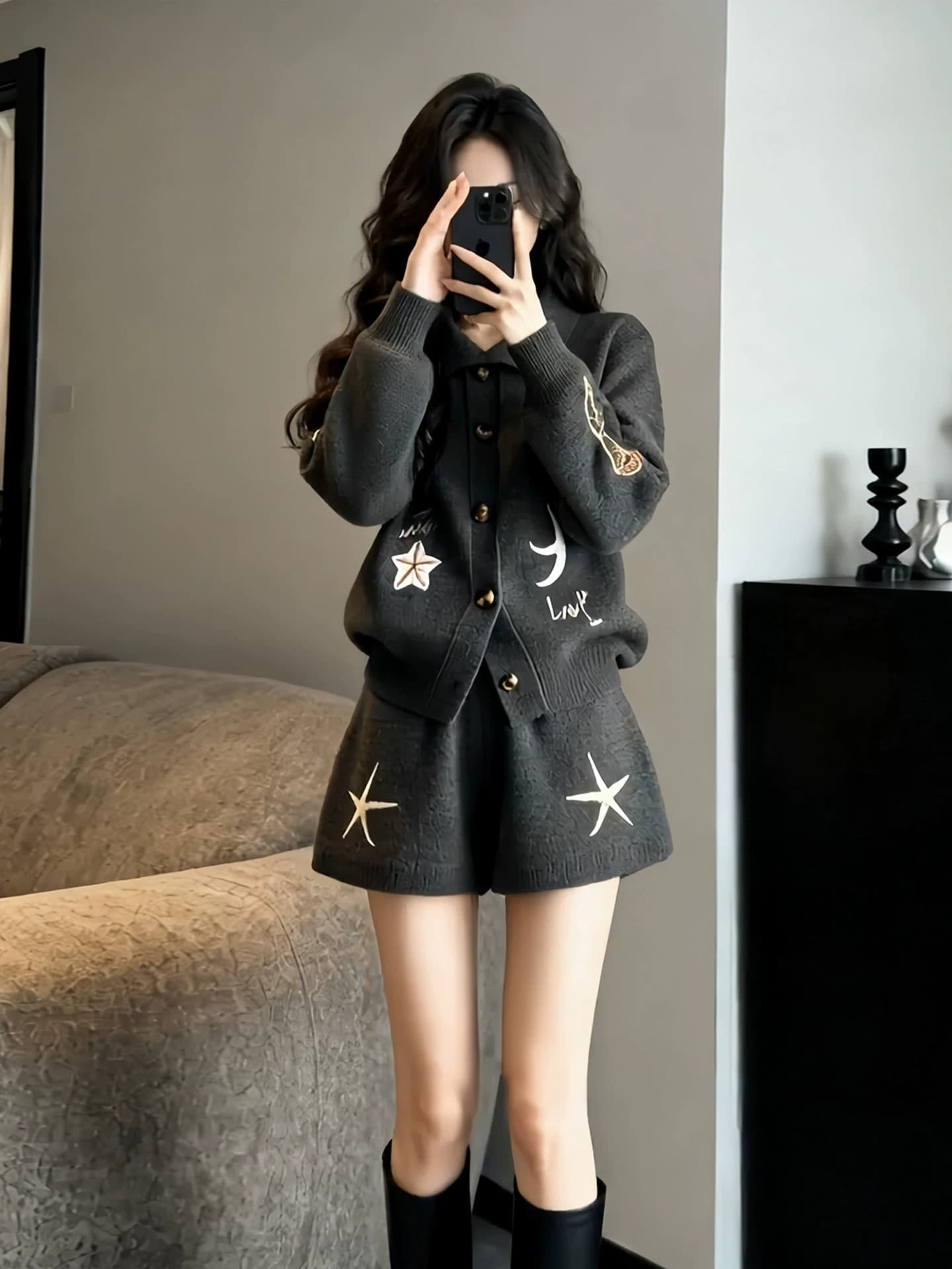 작은 키 착용 가져 가라. 한 바람 chic 회색 니트 스웨터 반바지 세트 여성 가을 겨울철 자이언트 잘 생긴 ~ 중 전체 집합 이미지 4