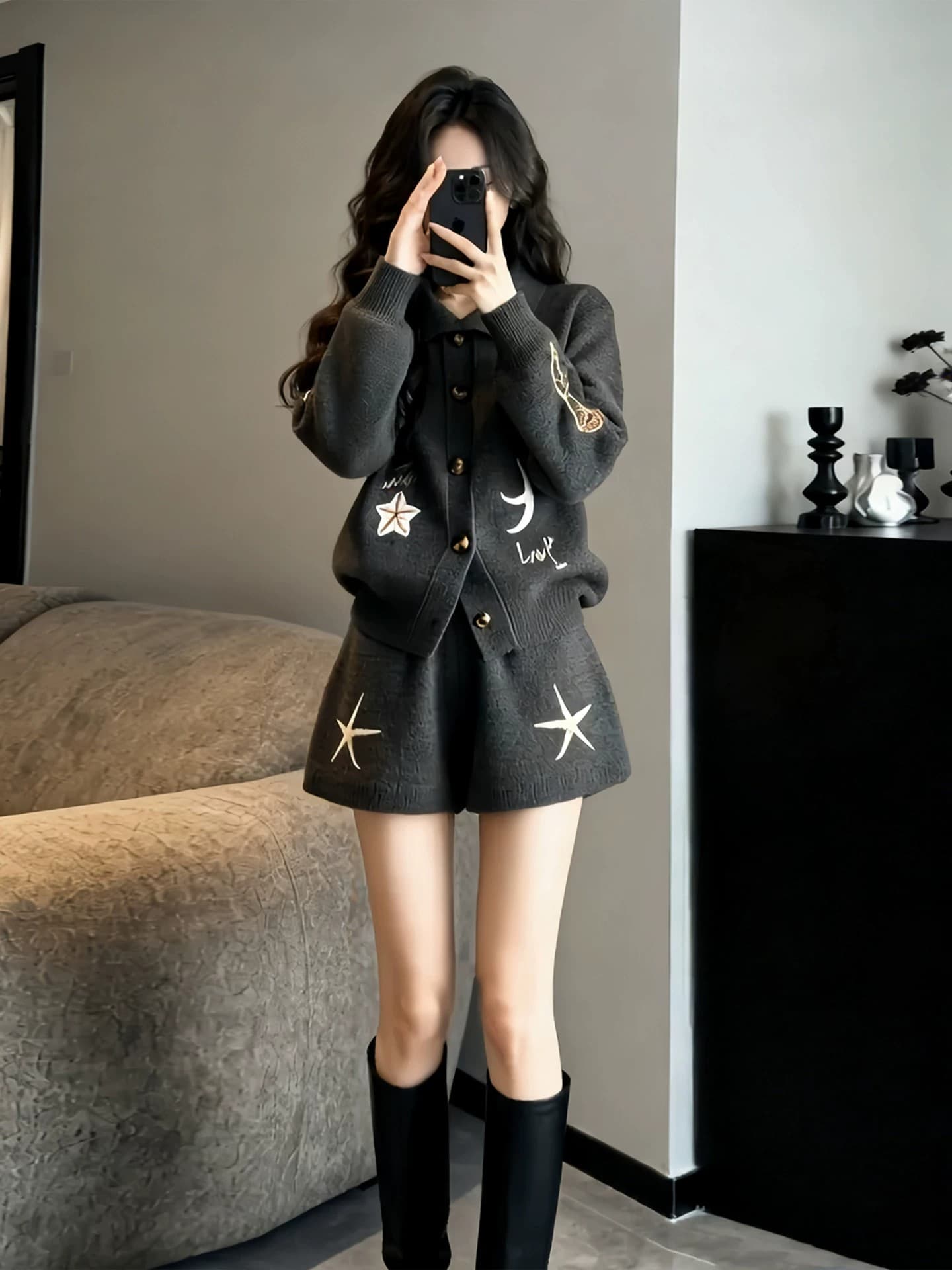 작은 키 착용 가져 가라. 한 바람 chic 회색 니트 스웨터 반바지 세트 여성 가을 겨울철 자이언트 잘 생긴 ~ 중 전체 집합 상세 이미지 3