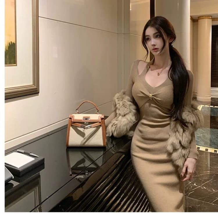 해체주의 페이크 레이어드 행침 목 여성 드레스 겨울 몸매 가꾸기 순수한 욕망 허리 수축 니트 롱 스커트 이미지 3