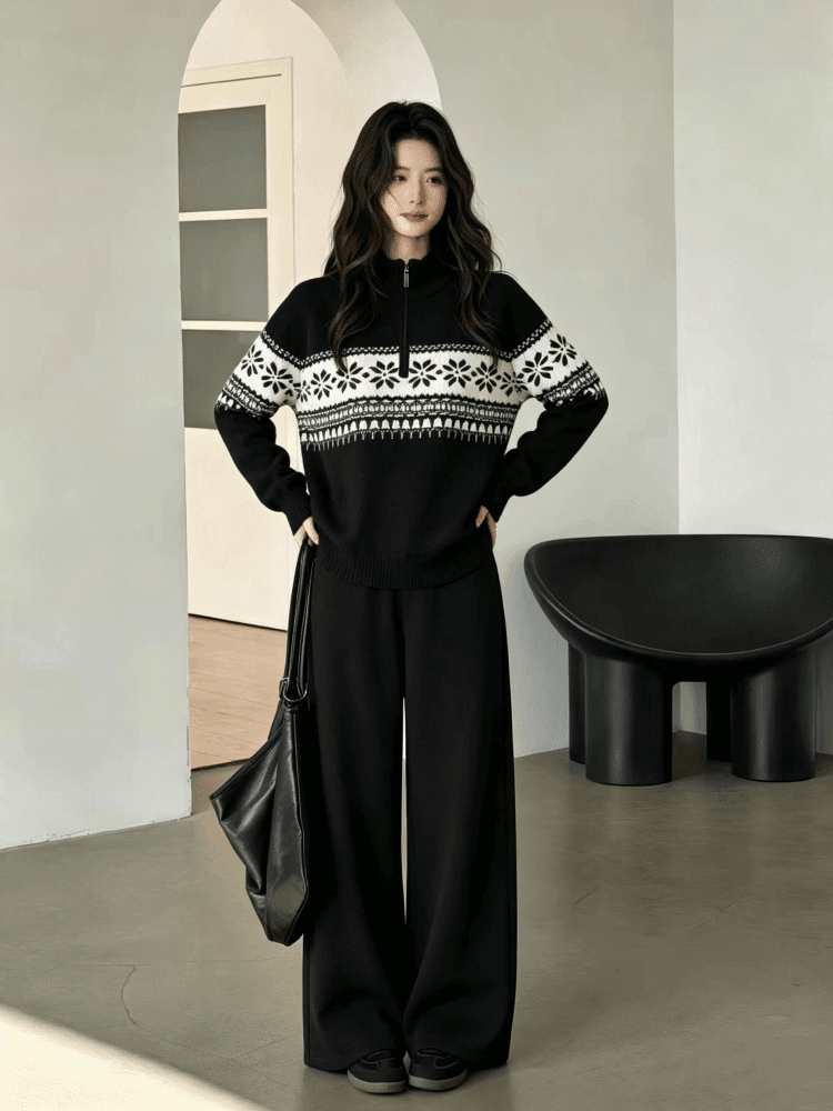 2026 년 아메리칸 공정한 섬 半拉 체인 슬리브 머리 스웨터 여자 가을 하이웨이스트 와이드 레그 팬츠 니트 두 조각 여성 세트 상세 이미지 5
