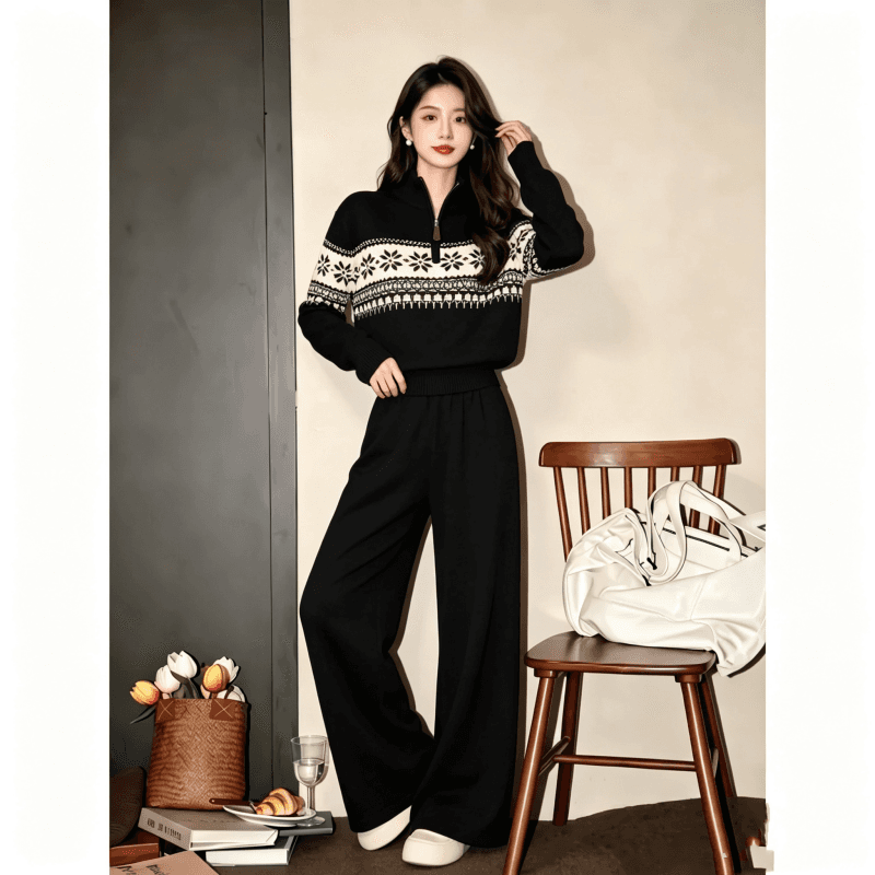 2026 년 아메리칸 공정한 섬 半拉 체인 슬리브 머리 스웨터 여자 가을 하이웨이스트 와이드 레그 팬츠 니트 두 조각 여성 세트 상세 이미지 9