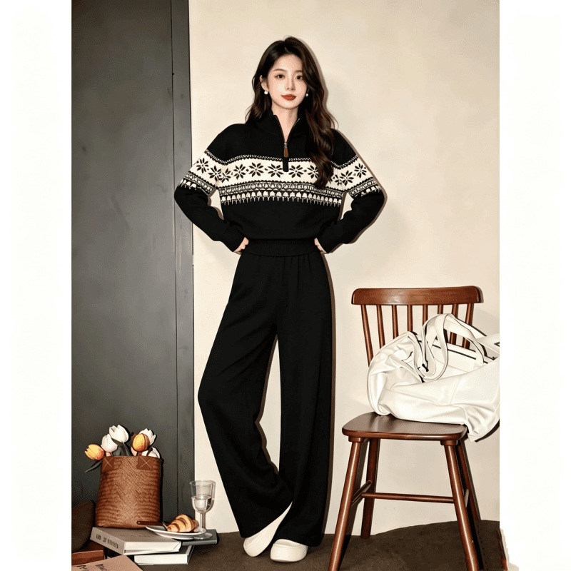 2026 년 아메리칸 공정한 섬 半拉 체인 슬리브 머리 스웨터 여자 가을 하이웨이스트 와이드 레그 팬츠 니트 두 조각 여성 세트 상세 이미지 10