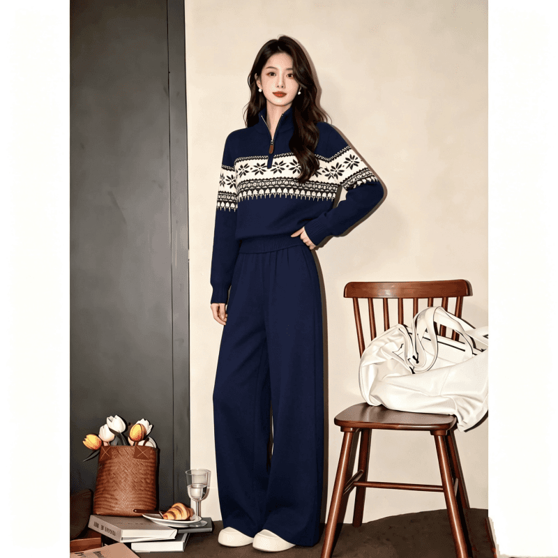 2026 년 아메리칸 공정한 섬 半拉 체인 슬리브 머리 스웨터 여자 가을 하이웨이스트 와이드 레그 팬츠 니트 두 조각 여성 세트 상세 이미지 12