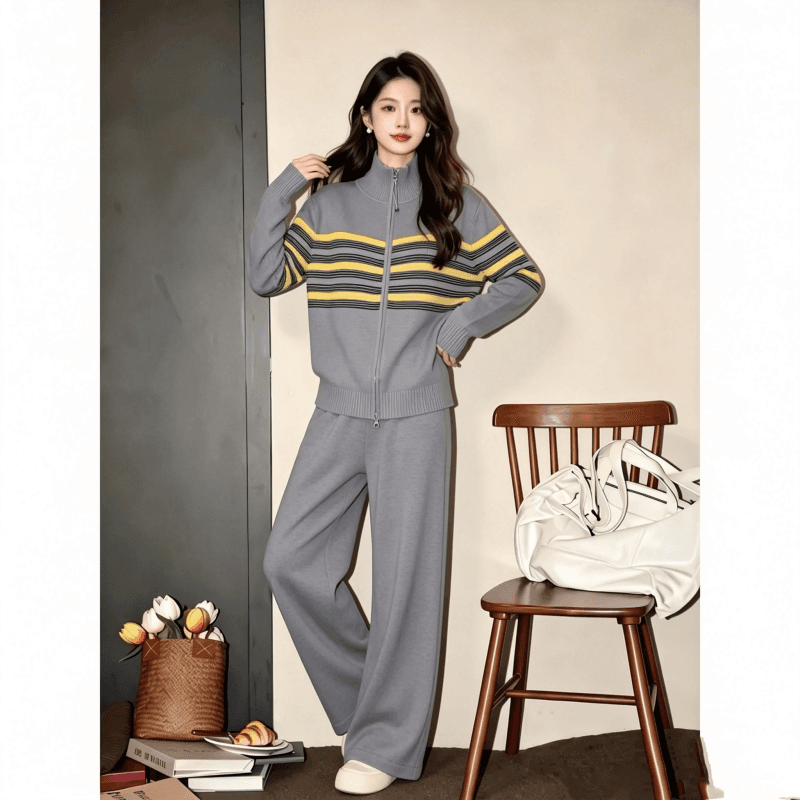 2026 년 가을 캐주얼 배색 스트라이프 더블 지퍼 니트 오픈 가디건 루즈핏 느긋한 바람 와이드 레그 팬츠 투피스 세트 세트 이미지 4