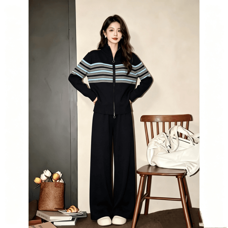 2026 년 가을 캐주얼 배색 스트라이프 더블 지퍼 니트 오픈 가디건 루즈핏 느긋한 바람 와이드 레그 팬츠 투피스 세트 세트 상세 이미지 4