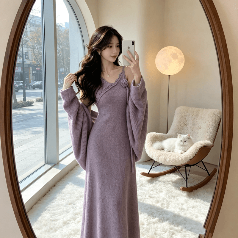 부드러운 유교의 느긋한 꽃 니트 슬립 드레스 오픈 가디건 스웨터 코트 패션 품격 투피스 세트 고급 센스 상세 이미지 2