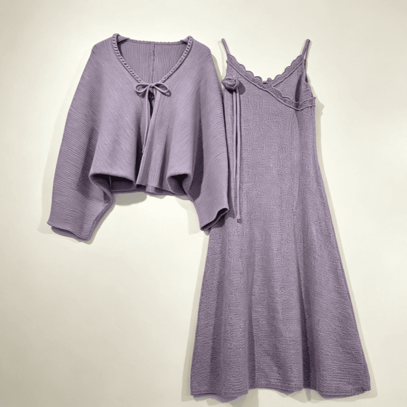 부드러운 유교의 느긋한 꽃 니트 슬립 드레스 오픈 가디건 스웨터 코트 패션 품격 투피스 세트 고급 센스 상세 이미지 6