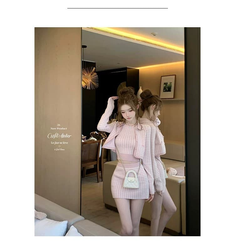 2026 년 가을 겨울 바다 소금 향기로운 노래 주간 실크 양 털이 푸른 그리드 분말 그리드 오픈 가디건 조끼 반 스커트 3종 세트 그룹 상세 이미지 3