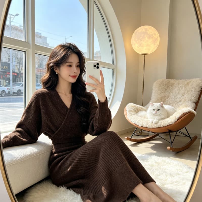 아름다움 라드. 착용 가져 가라. 커피 색상 니트 세트 여성 가을 겨울 2026 새로운 품격 허리 수축 맨위 반신 치마 세트 이미지 4