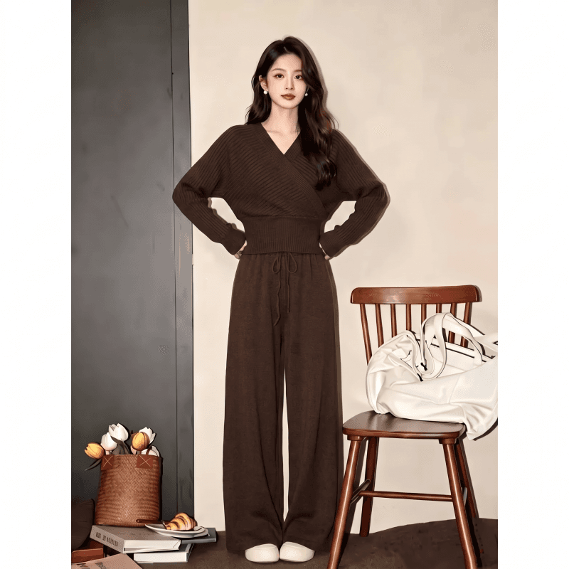 한 부서 가을 겨울 V넥 털 니트 스웨터 넓은 다리 도루 센스 바지 여성 새로운 품격 따뜻한 부드럽다 찹쌀 게으른 투피스 슈트 이미지 2