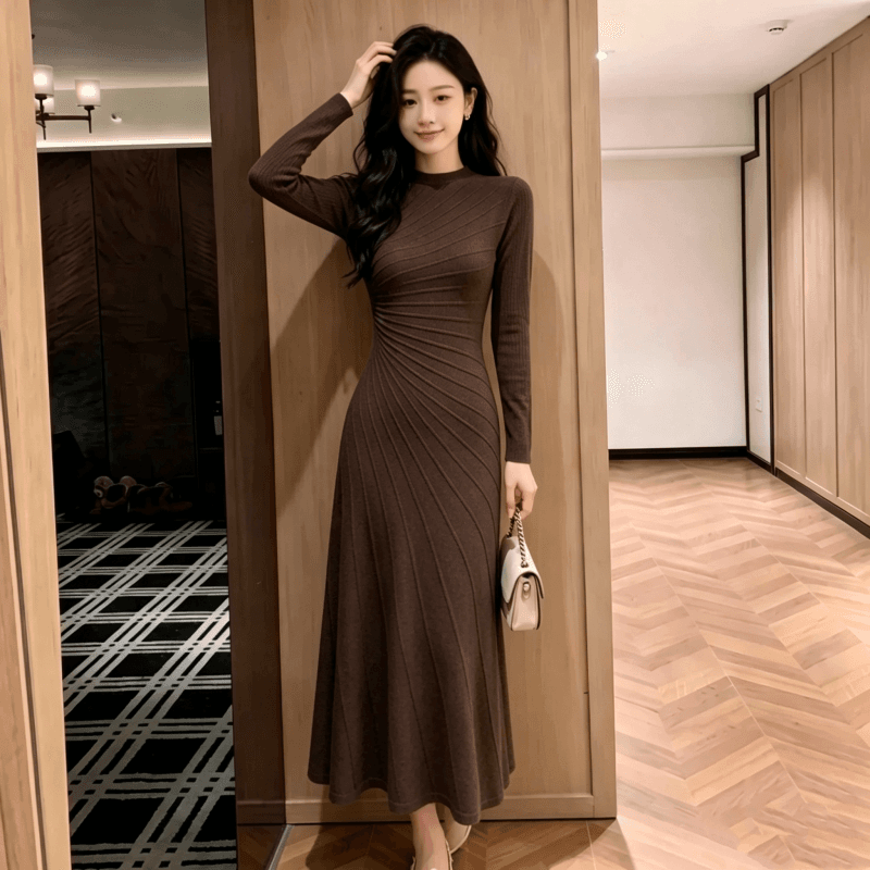 프랑스식 고유 한 품격 라운드 넥 여성 드레스 조기 가을 꼬집기 허리 몸매 가꾸기 슬림해 보이는 타이트 스커트 만나는 인사이드 가져 가라. 길다 치마 이미지 3