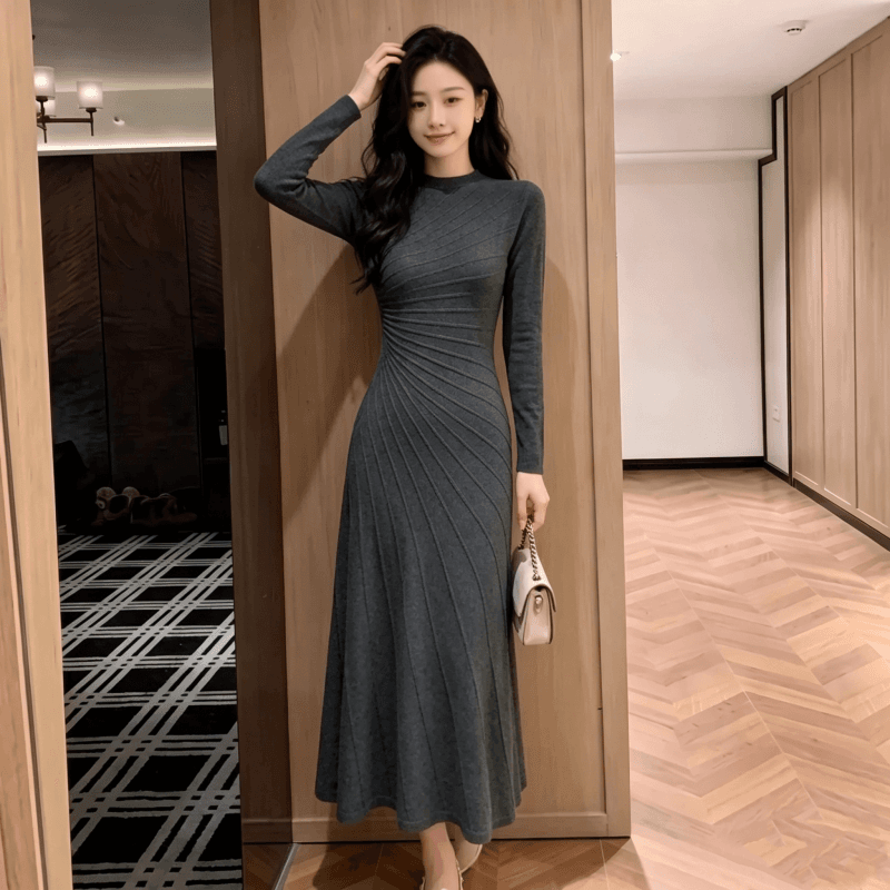 프랑스식 고유 한 품격 라운드 넥 여성 드레스 조기 가을 꼬집기 허리 몸매 가꾸기 슬림해 보이는 타이트 스커트 만나는 인사이드 가져 가라. 길다 치마 상세 이미지 2