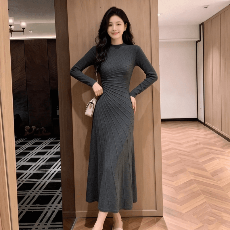 프랑스식 고유 한 품격 라운드 넥 여성 드레스 조기 가을 꼬집기 허리 몸매 가꾸기 슬림해 보이는 타이트 스커트 만나는 인사이드 가져 가라. 길다 치마 이미지 2