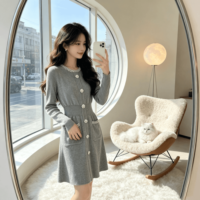 2026 프랑스식 작은 샤넬 스타일 다이아몬드 세팅 고급 센스 니트 여성 드레스 가을 겨울 허리 수축 인사이드 가져 가라. 한 마디 드레스 상세 이미지 3