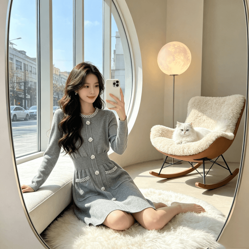 2026 프랑스식 작은 샤넬 스타일 다이아몬드 세팅 고급 센스 니트 여성 드레스 가을 겨울 허리 수축 인사이드 가져 가라. 한 마디 드레스 상세 이미지 4