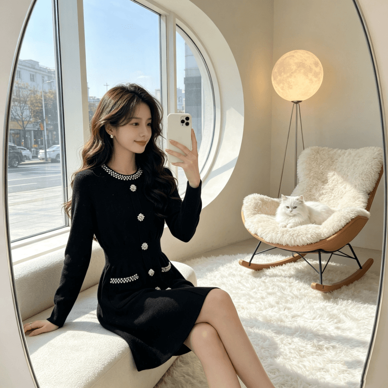 2026 프랑스식 작은 샤넬 스타일 다이아몬드 세팅 고급 센스 니트 여성 드레스 가을 겨울 허리 수축 인사이드 가져 가라. 한 마디 드레스 상세 이미지 10
