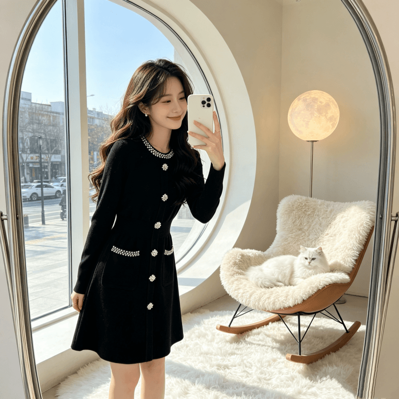 2026 프랑스식 작은 샤넬 스타일 다이아몬드 세팅 고급 센스 니트 여성 드레스 가을 겨울 허리 수축 인사이드 가져 가라. 한 마디 드레스 상세 이미지 11