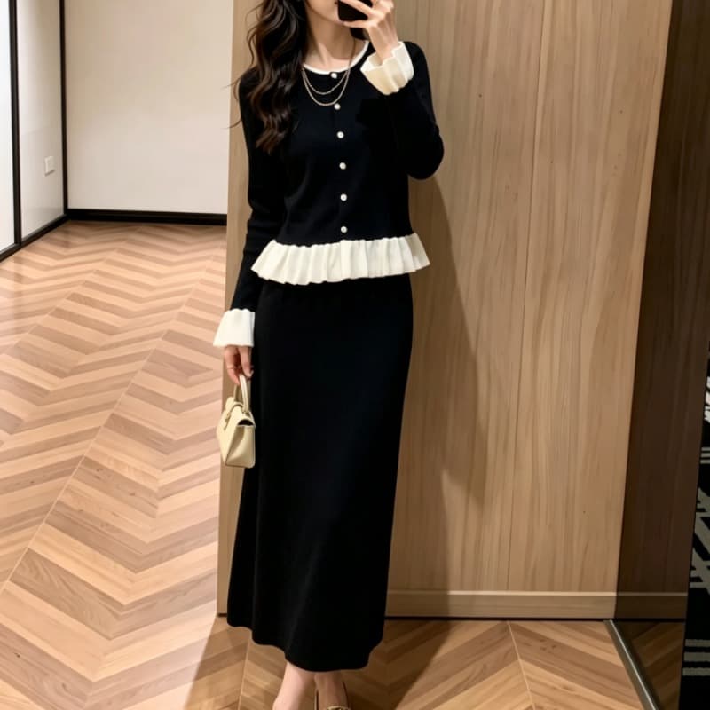 그는 벤 바람 검정색 작은 드레스 명문 여성 패션 품격 연령 감소 라운드 넥 프릴 긴팔 반신 스커트 투피스 슈트 이미지 5