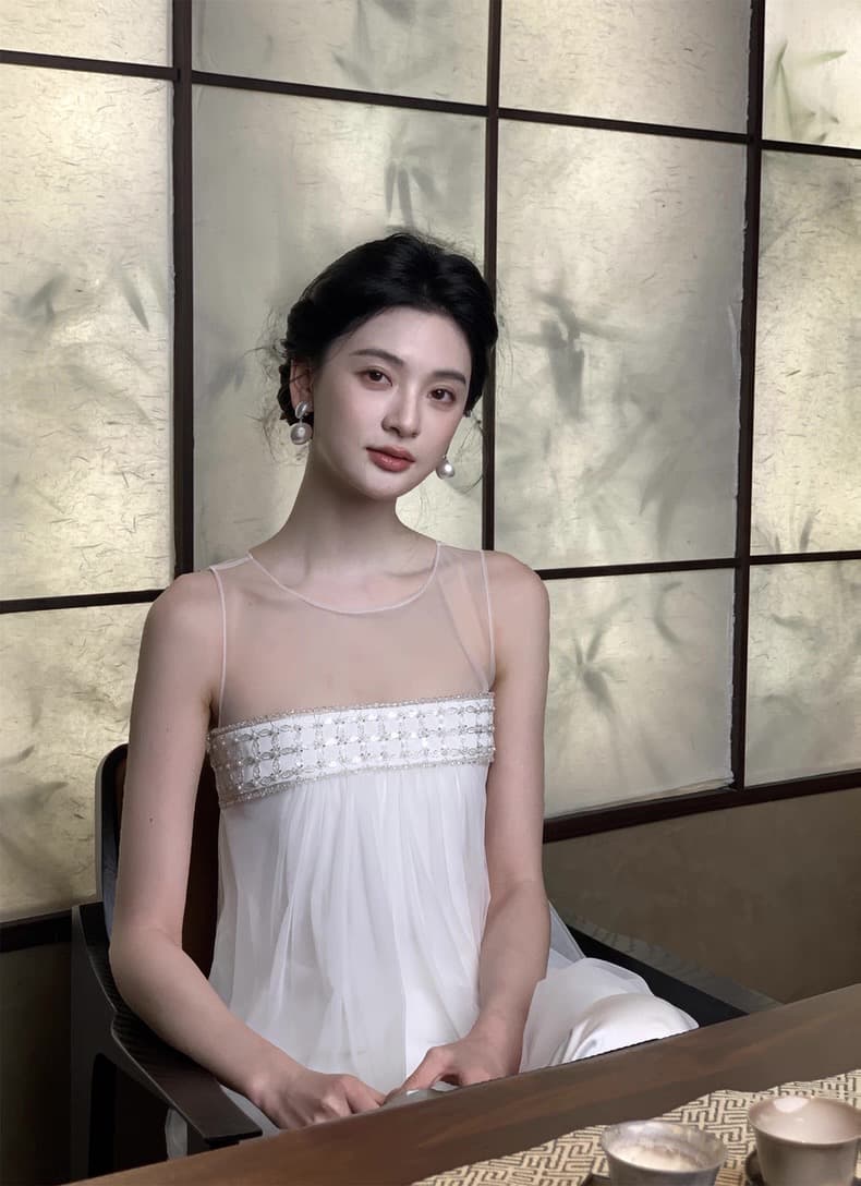 하나부터 순간 얼음 계곡 고급 센스 망사 비즈 박기 화이트 민소매 드레스 or 품격 세트 더블 버전 상세 이미지 12