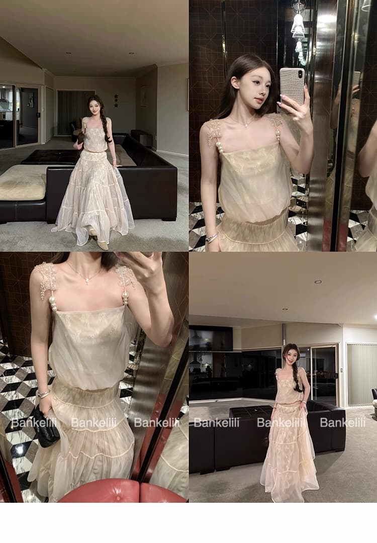 밤나무 코코아 bankelili rose 박 색상 영어 같은 단락 진주 슬립 이중층 레이스 반 스커트 세트 상세 이미지 7