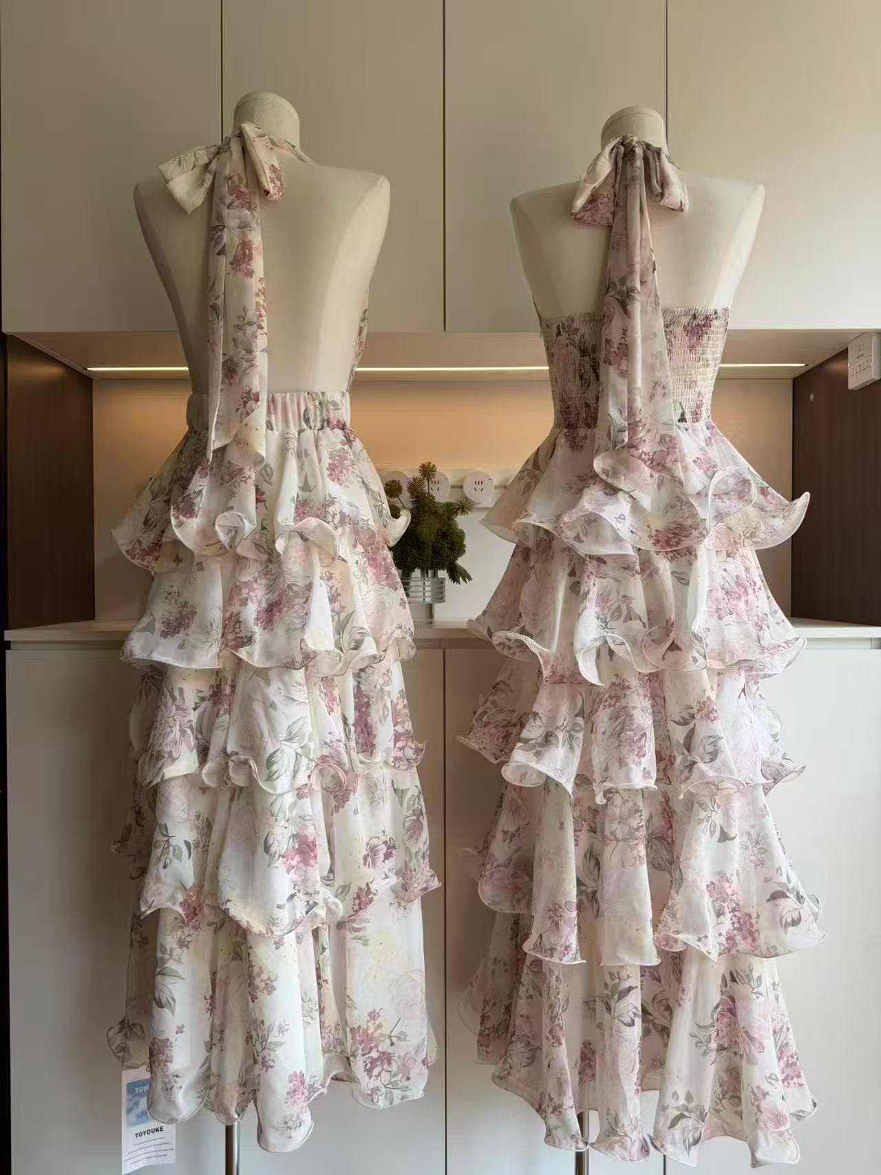 for fay 이슬 장미 정원 프랑스식 휴가 바람 프린트 행침 목 쉬폰 케이크 롱 스커트 여성 V넥 드레스 이미지 2