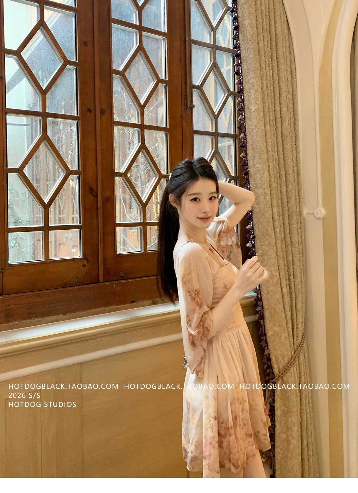 hotdog 핫도그 매우 매운맛 绯 꽃 일몰 7부 소매 광장 칼라 드레스 아이들 원 웨이 품격 미니 스커트 상세 이미지 33