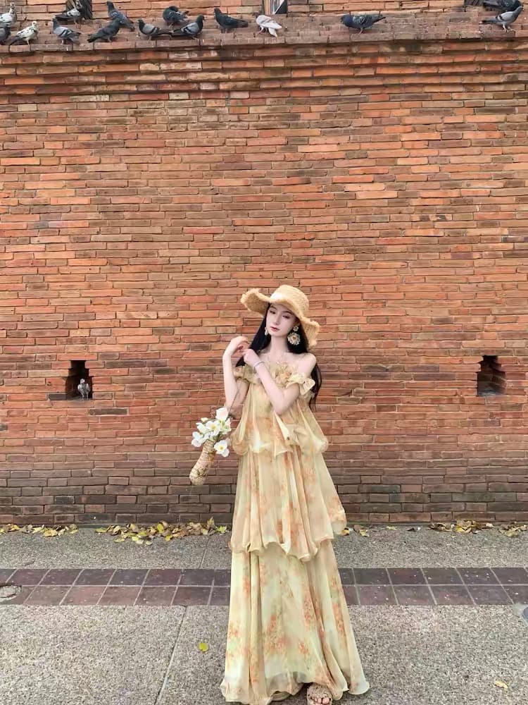 walkindark 보라색 연기 딜 프랑스식 학위 가짜 물고기 선 꽃무늬 쉬폰 케이크 드레스 반팔 슬립 드레스 상세 이미지 43