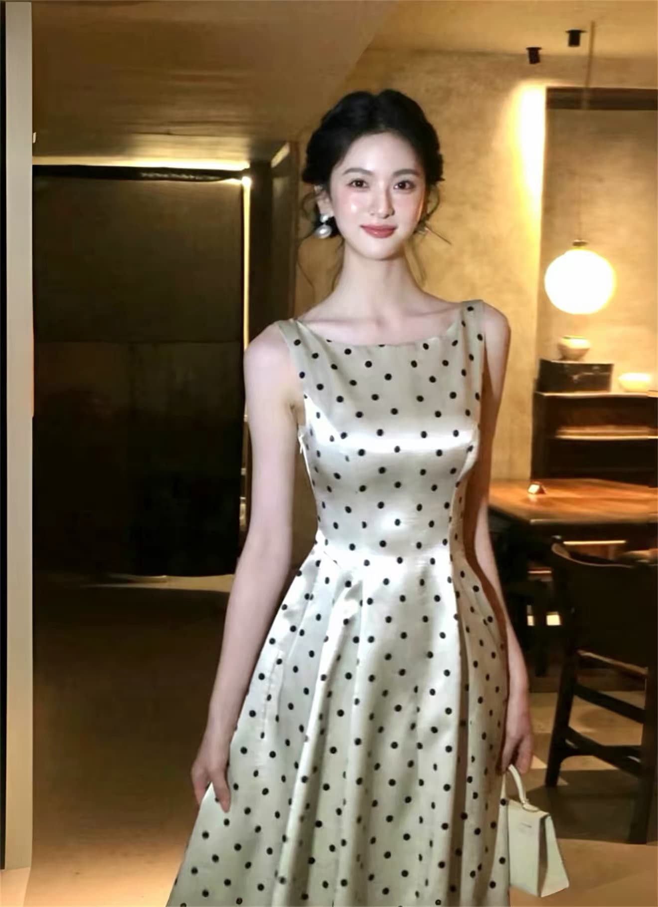 하나부터 순간 시간 링 프랑스식 낭만주의 도트 무늬 드레스 보트넥 스트랩 허리 수축 슬림해 보이는 진자 롱 스커트 상세 이미지 10