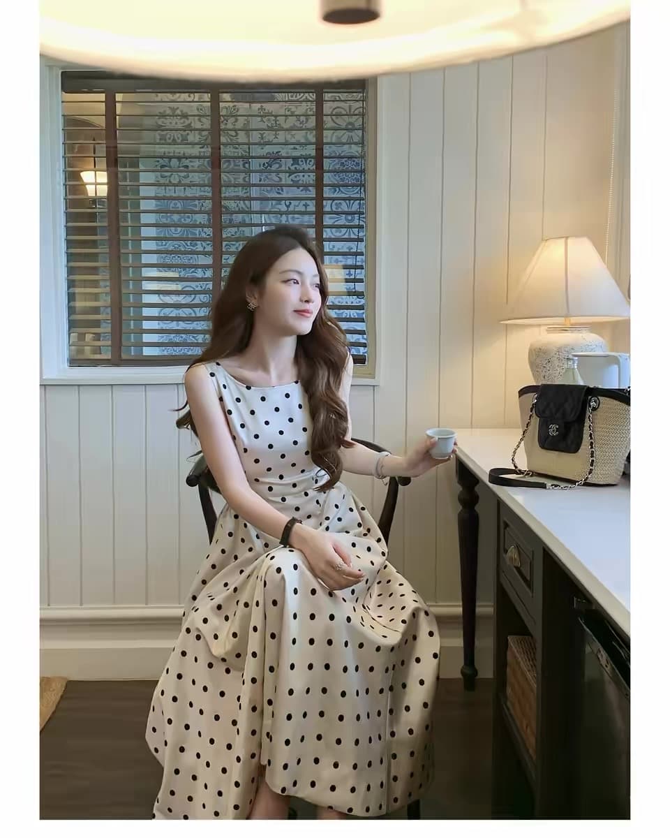 오직 니켈 Jiao 예쁜 lady 레트로 품격 도트 무늬 허리 수축 드레스 여름 특별 아름다운 꼬집기 허리 민소매 롱 스커트 상세 이미지 4