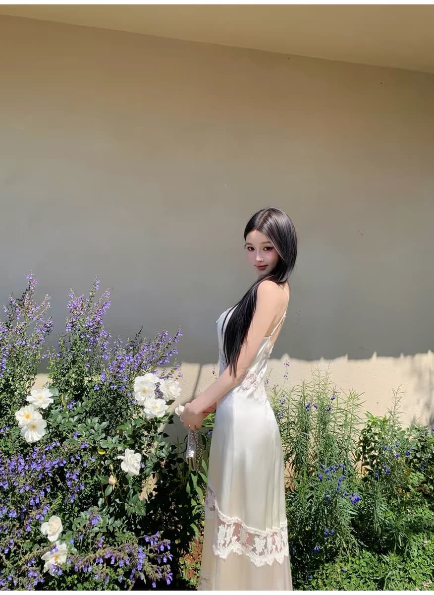 jayky yang 떠 다니는 그림자 달빛 새틴 도루 센스 슬립 드레스 좋은 어깨끈 레이스 조각 롱 스커트 상세 이미지 30
