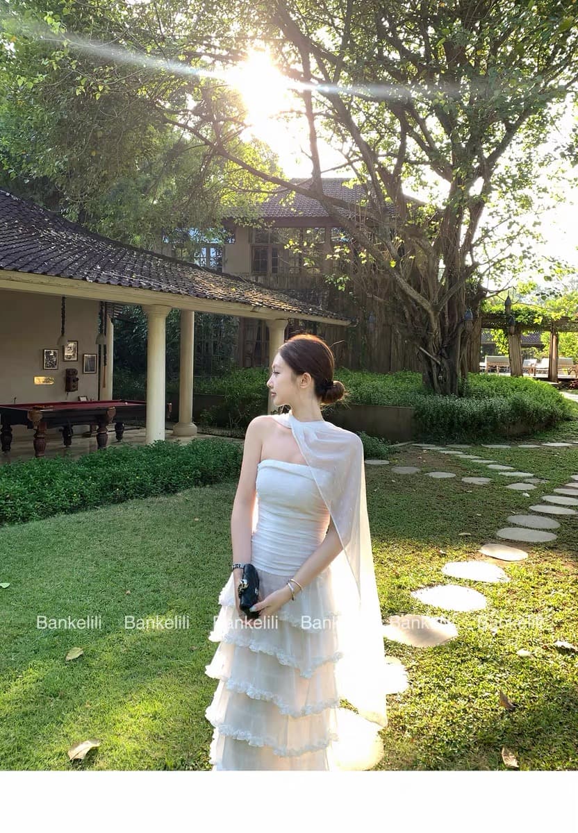 밤나무 코코아 bankelili 중세 공주 무거운 작업 다중 레이어 허리 수축 트임 튜브탑 리본 드레스 상세 이미지 27