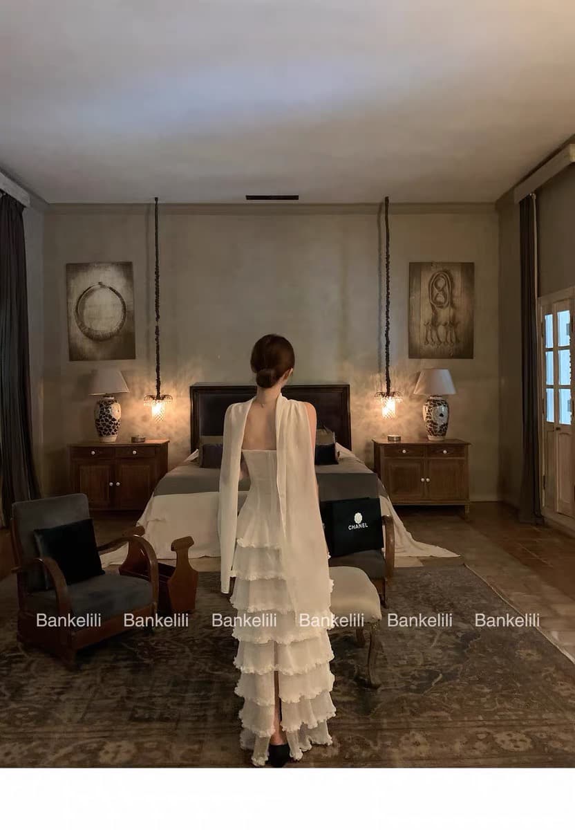 밤나무 코코아 bankelili 중세 공주 무거운 작업 다중 레이어 허리 수축 트임 튜브탑 리본 드레스 상세 이미지 31