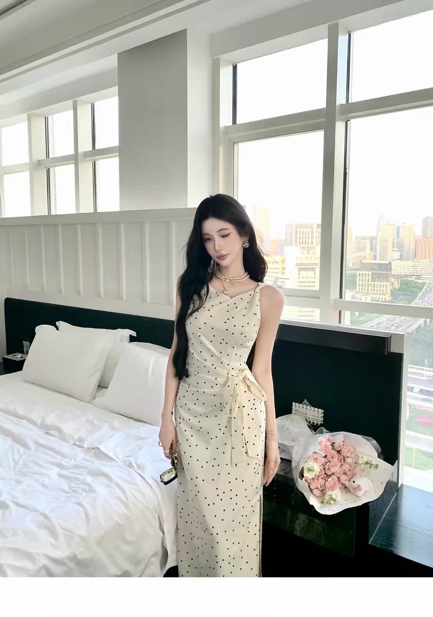 barb chill 부드러운 자매 민소매 슬립 도트 무늬 여성 드레스 여름 허리 수축 프랑스식 롱 스커트 상세 이미지 13