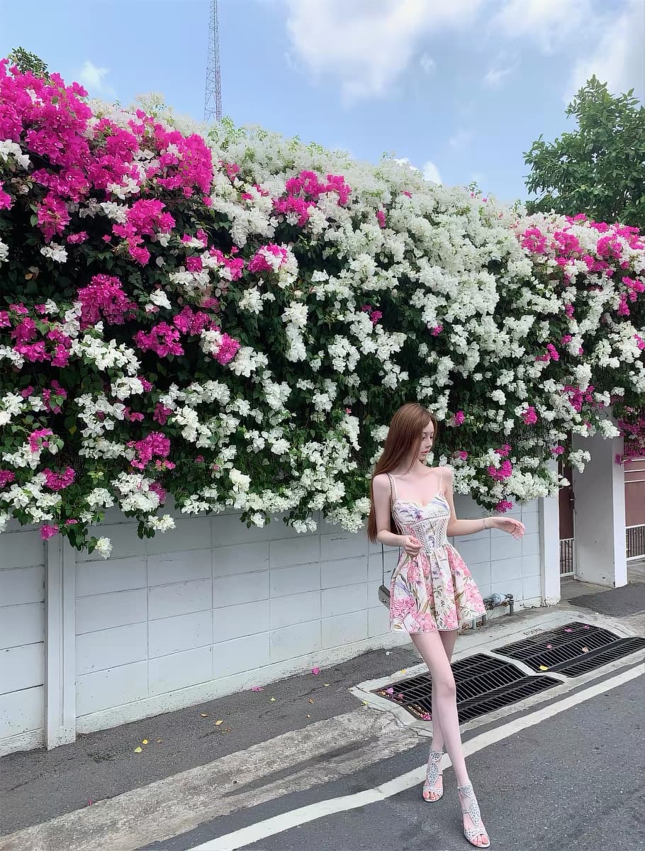 kikimy 꽃 와일드 팬 추적 ga@den a 3 차원 레이스 높은 정밀도 직분사 프린트 허리 수축 한 마디 드레스 상세 이미지 5