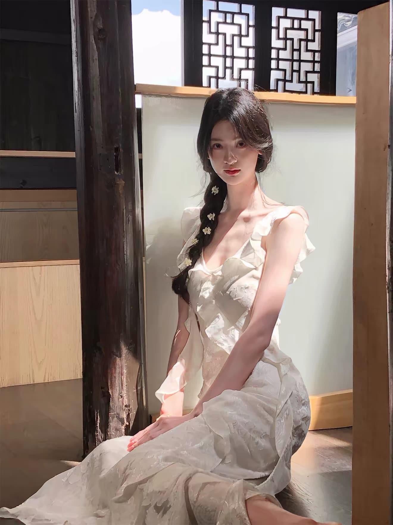 하나부터 순간 여름 깊은 분위기 센스 헤일로 염색 자카드 여성 드레스 프릴 허리 수축 슬림해 보이는 인어 꼬리 롱 스커트 상세 이미지 51