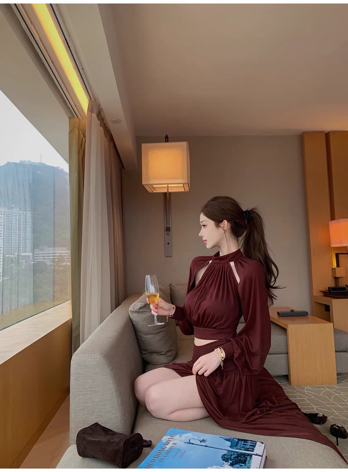 jayky yang 도론 장미 프랑스식 스탠드 칼라 백리스 맨위 펌프 Pleat 측면 트임 한 마디 반 스커트 세트 상세 이미지 24